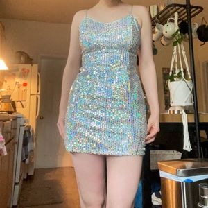 Vintage Rainbow LA GLO Disco Ball Mini Dress Bachelorette White Mirrored Sexy